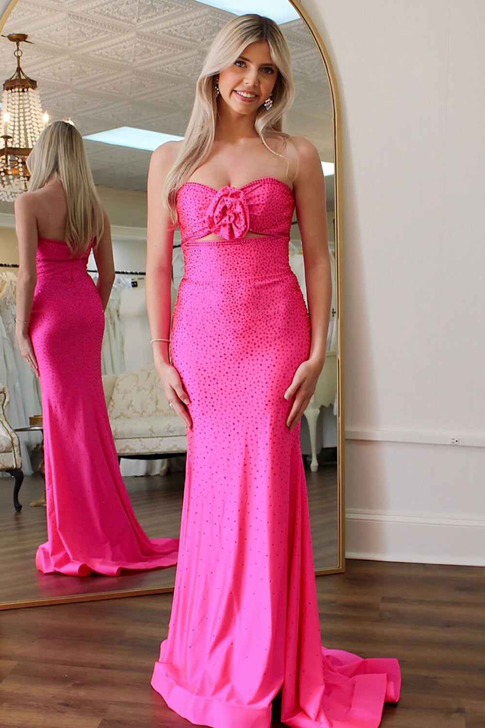 Long Satin Prom Dress in Fuchsia with Strapless Mermaid Cut-Out and Beading