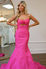 Long Satin Prom Dress in Fuchsia with Strapless Mermaid Cut-Out and Beading