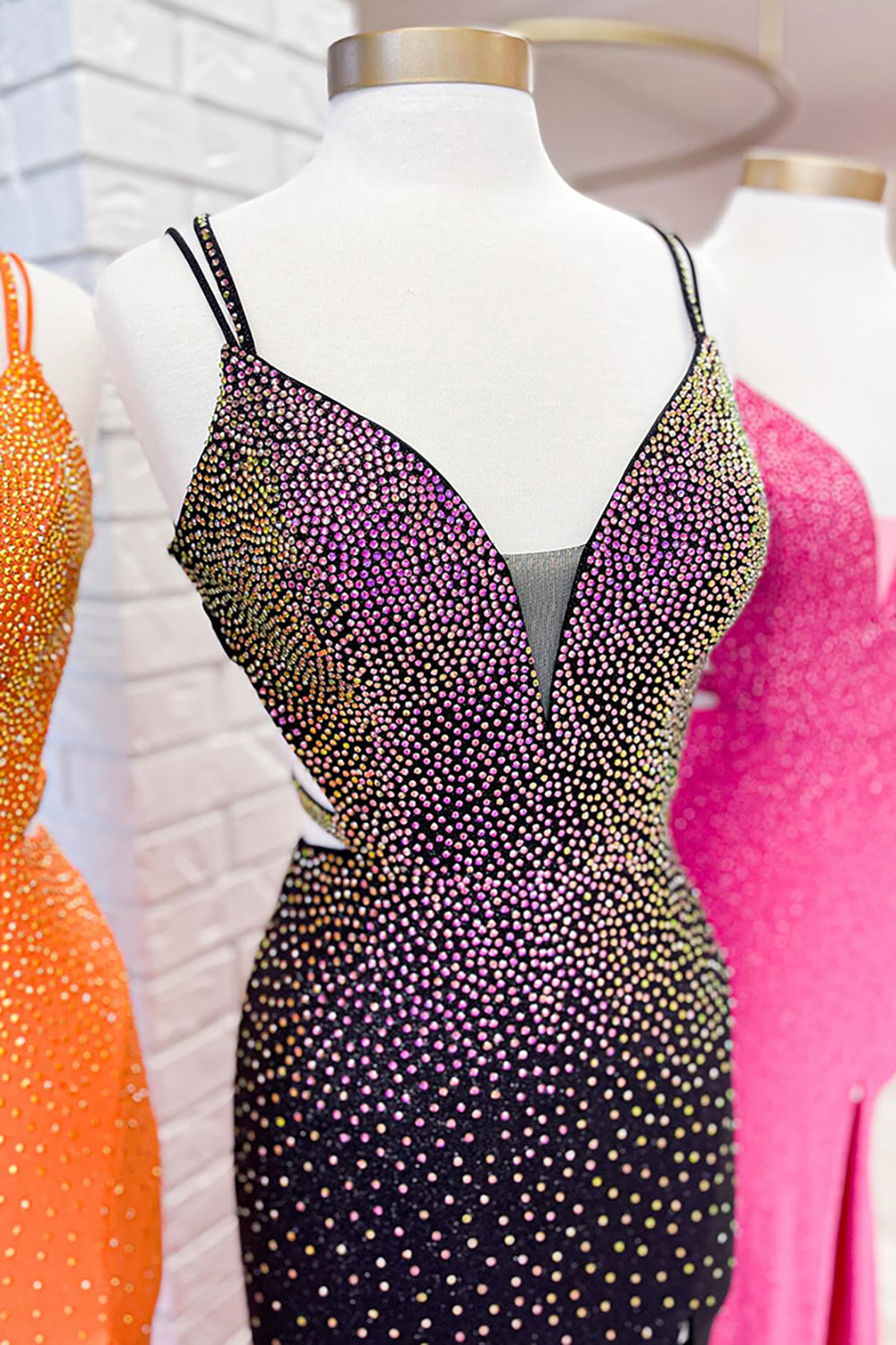 Long Black Prom Dress with Mermaid Beading Glitter Spaghetti Straps and Slit