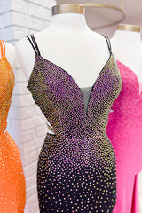 Long Black Prom Dress with Mermaid Beading Glitter Spaghetti Straps and Slit