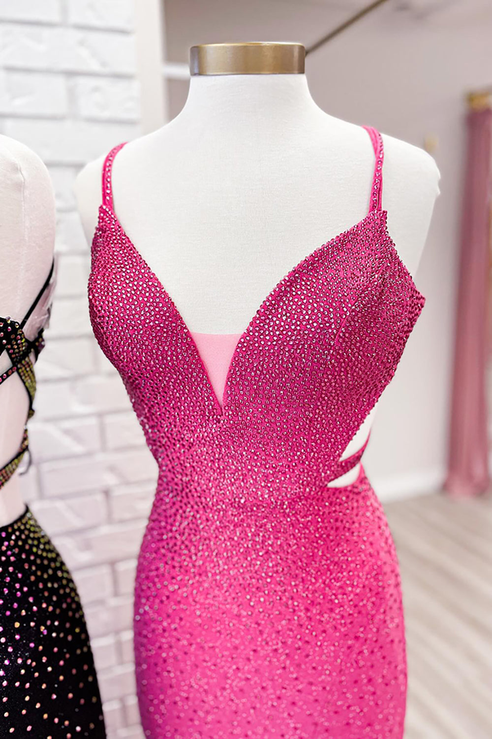 Long Black Prom Dress with Mermaid Beading Glitter Spaghetti Straps and Slit