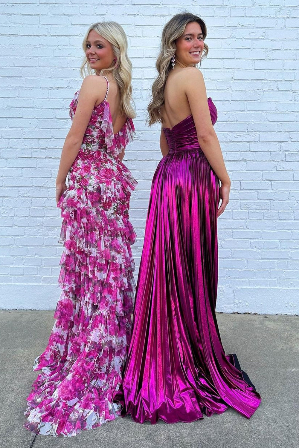 Long Pleated A-Line Prom Dress in Metallic Fuchsia with Sweetheart Neckline and Slit