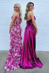 Long Pleated A-Line Prom Dress in Metallic Fuchsia with Sweetheart Neckline and Slit
