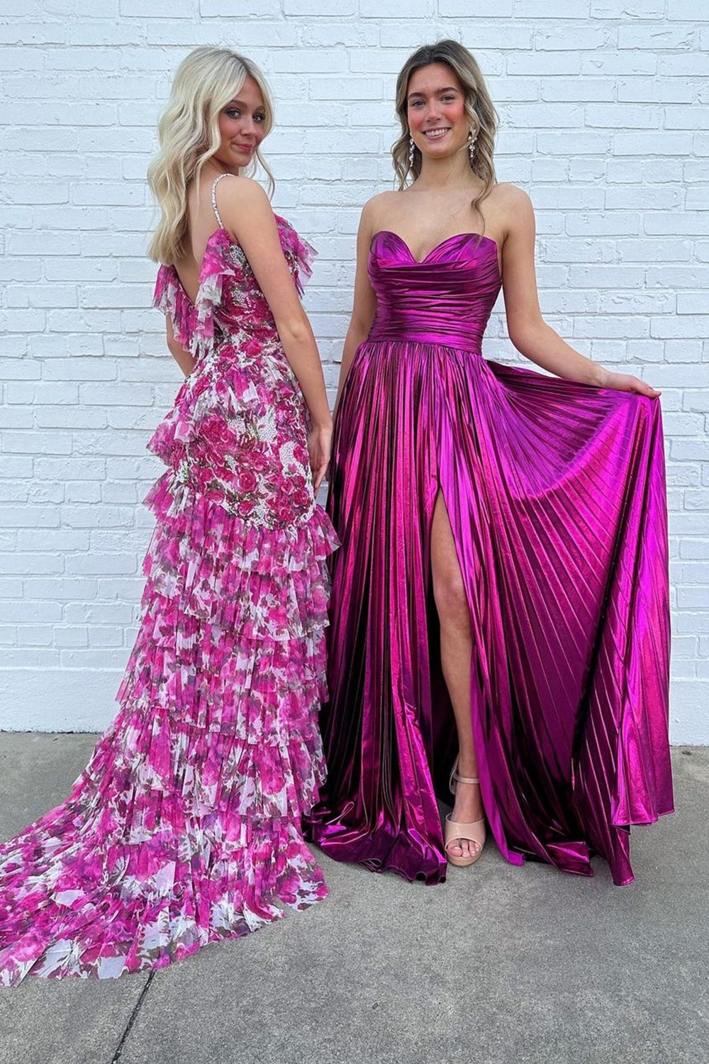 Long Pleated A-Line Prom Dress in Metallic Fuchsia with Sweetheart Neckline and Slit