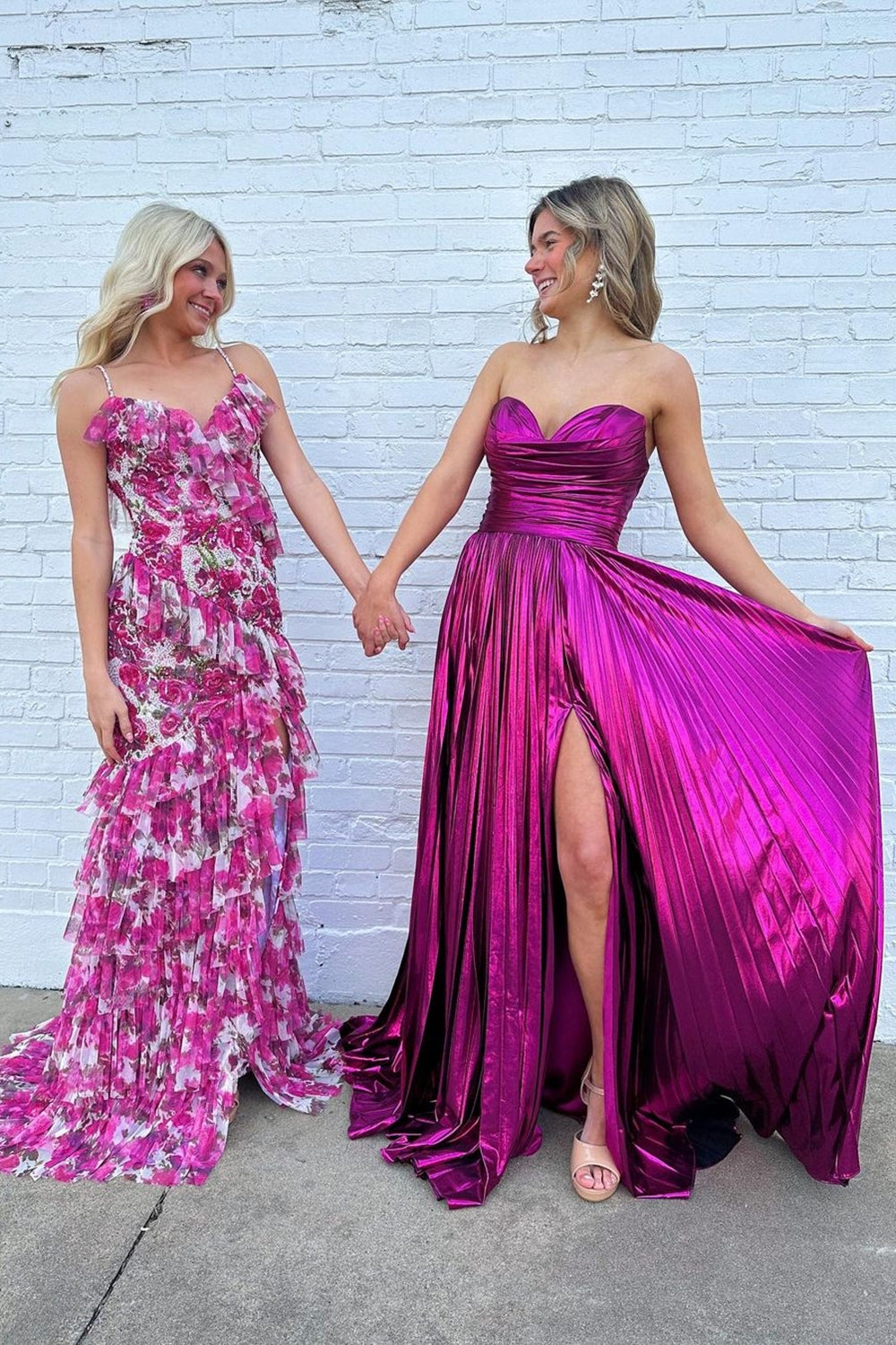 Long Pleated A-Line Prom Dress in Metallic Fuchsia with Sweetheart Neckline and Slit