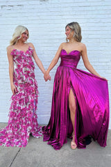 Long Pleated A-Line Prom Dress in Metallic Fuchsia with Sweetheart Neckline and Slit
