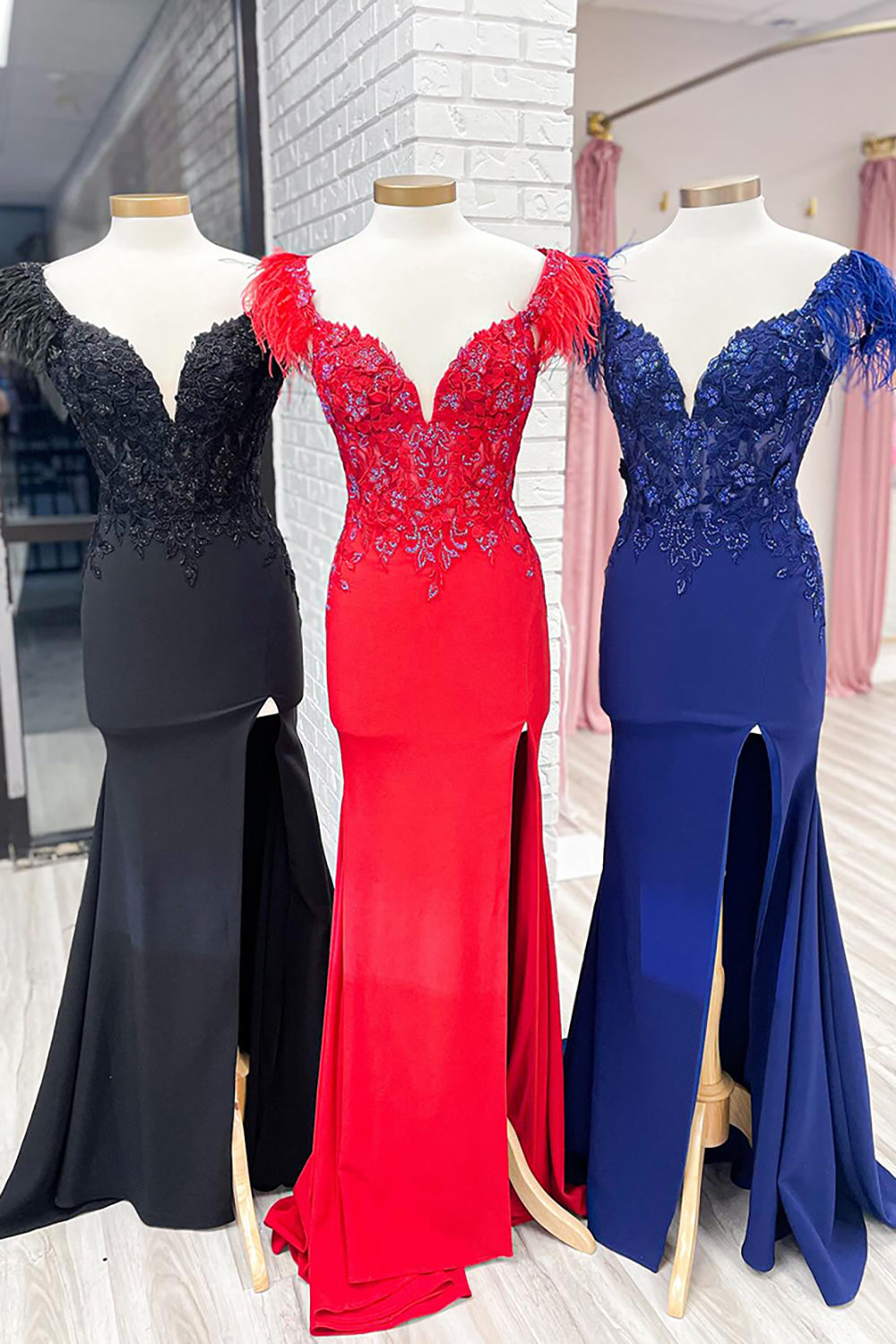 Long Red Mermaid Prom Dress with Off-Shoulder Satin and Feather Applique