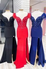 Long Red Mermaid Prom Dress with Off-Shoulder Satin and Feather Applique