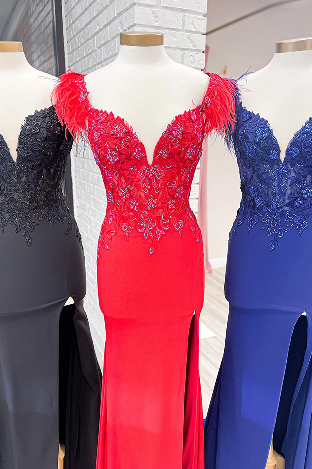 Long Red Mermaid Prom Dress with Off-Shoulder Satin and Feather Applique