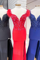 Long Red Mermaid Prom Dress with Off-Shoulder Satin and Feather Applique