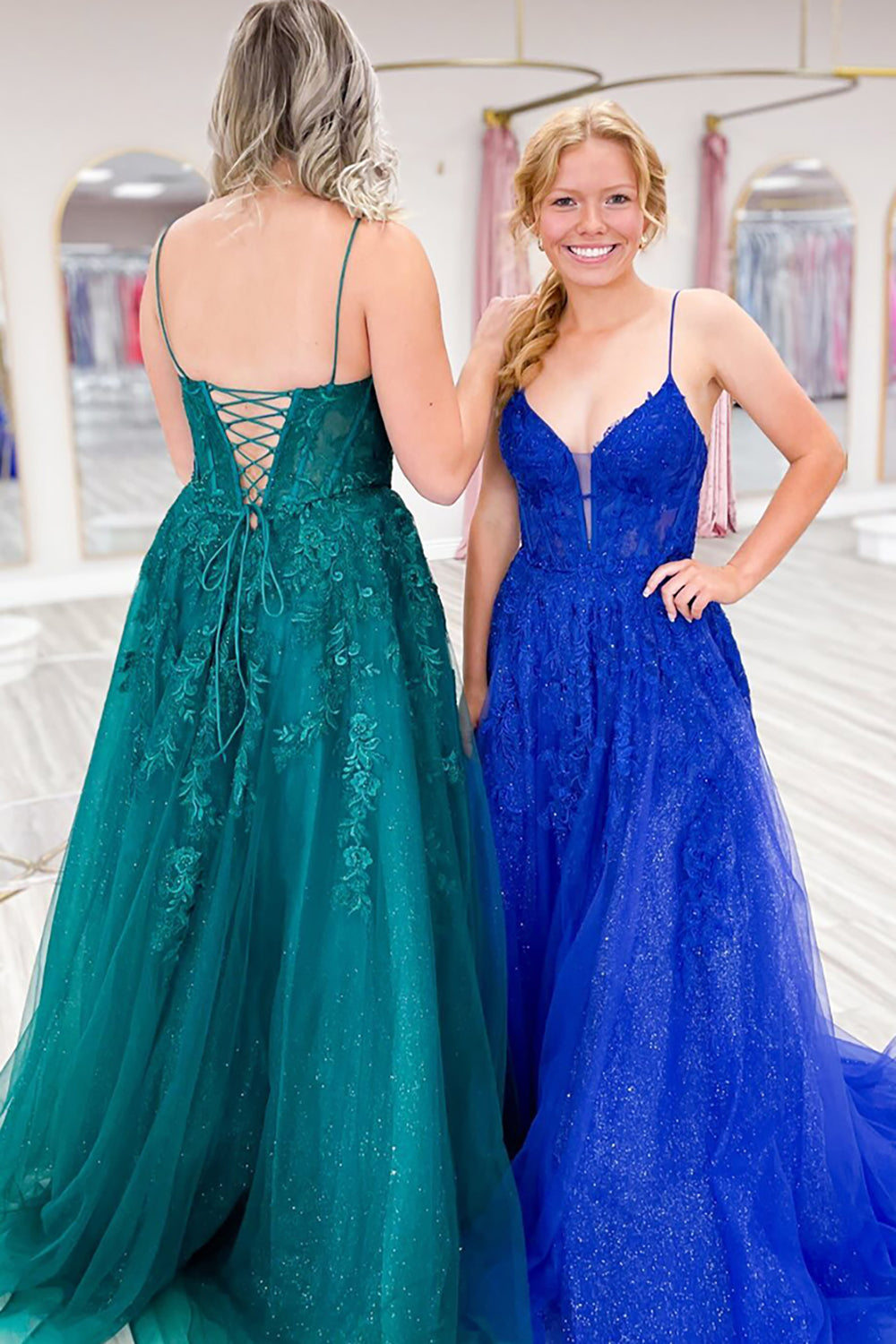 Long A-Line Prom Dress in Emerald Green with Spaghetti Straps and Tulle Appliques