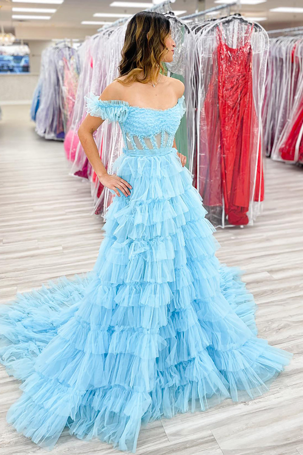 Off-the-Shoulder Light Blue Tulle Corset Prom Dress with Tiered A-Line and Slit