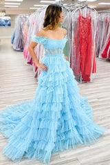 Off-the-Shoulder Light Blue Tulle Corset Prom Dress with Tiered A-Line and Slit