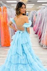 Off-the-Shoulder Light Blue Tulle Corset Prom Dress with Tiered A-Line and Slit
