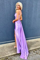 Long Satin Mermaid Prom Dress with Lilac Spaghetti Straps and Slit