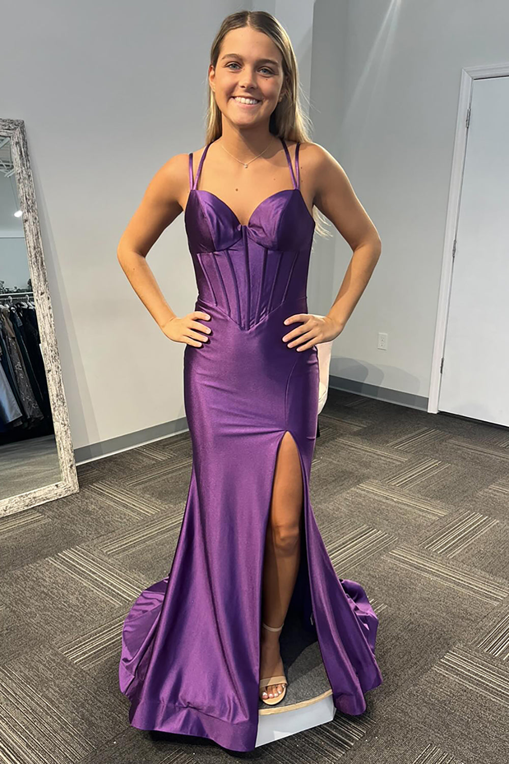 Long Satin Mermaid Prom Dress with Lilac Spaghetti Straps and Slit