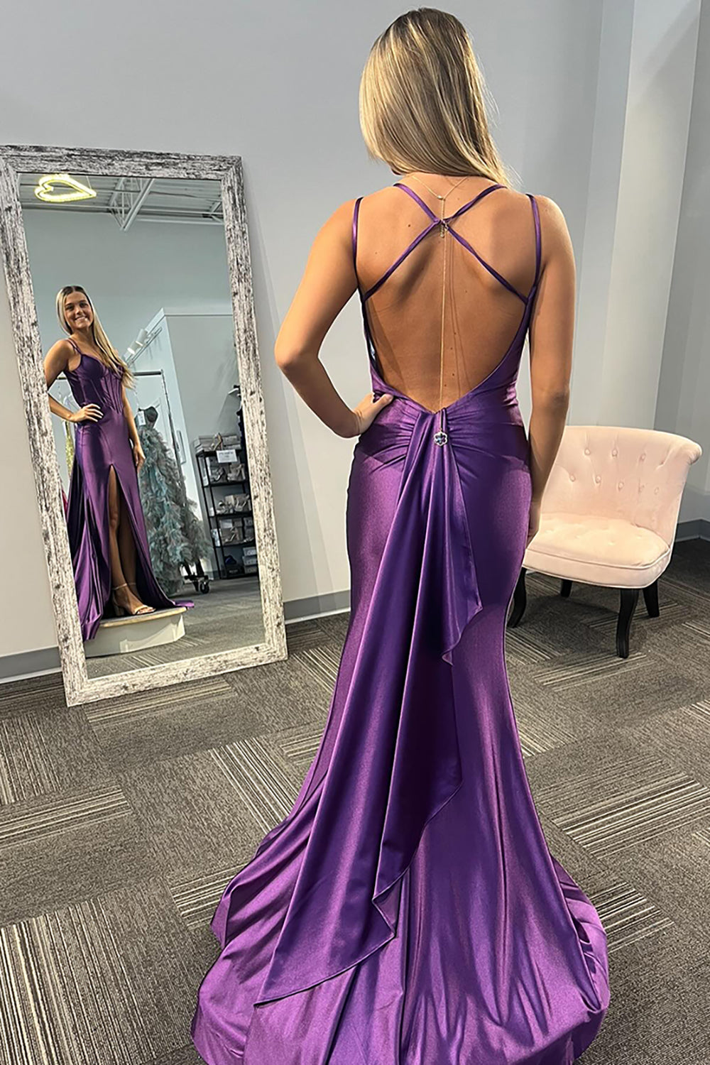 Long Satin Mermaid Prom Dress with Lilac Spaghetti Straps and Slit