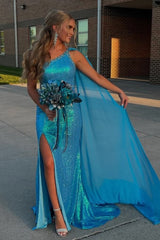 Long Blue Sparkly Mermaid Prom Dress with One Shoulder and Sequined Cape Featuring a Slit