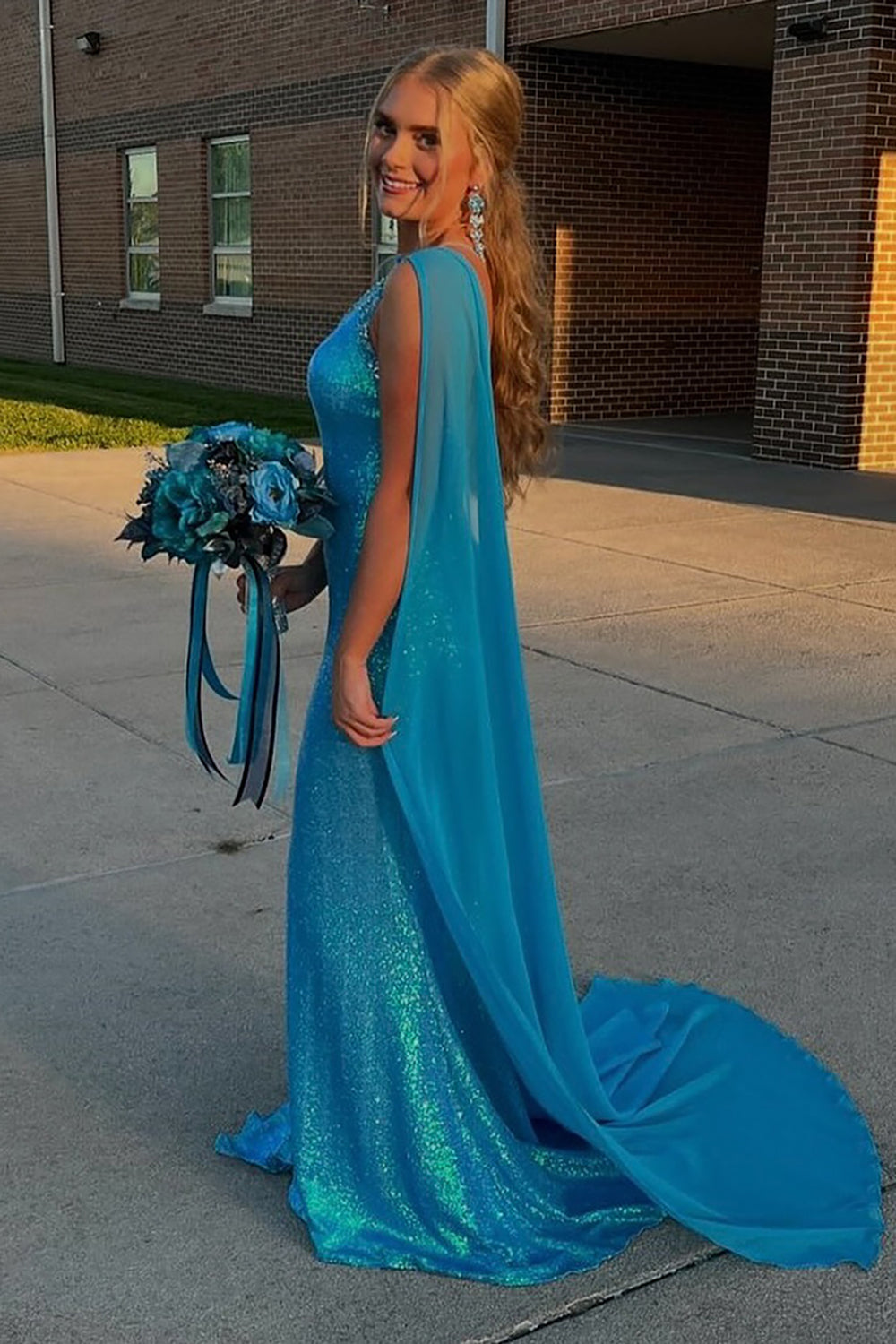Long Blue Sparkly Mermaid Prom Dress with One Shoulder and Sequined Cape Featuring a Slit