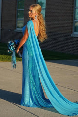 Long Blue Sparkly Mermaid Prom Dress with One Shoulder and Sequined Cape Featuring a Slit