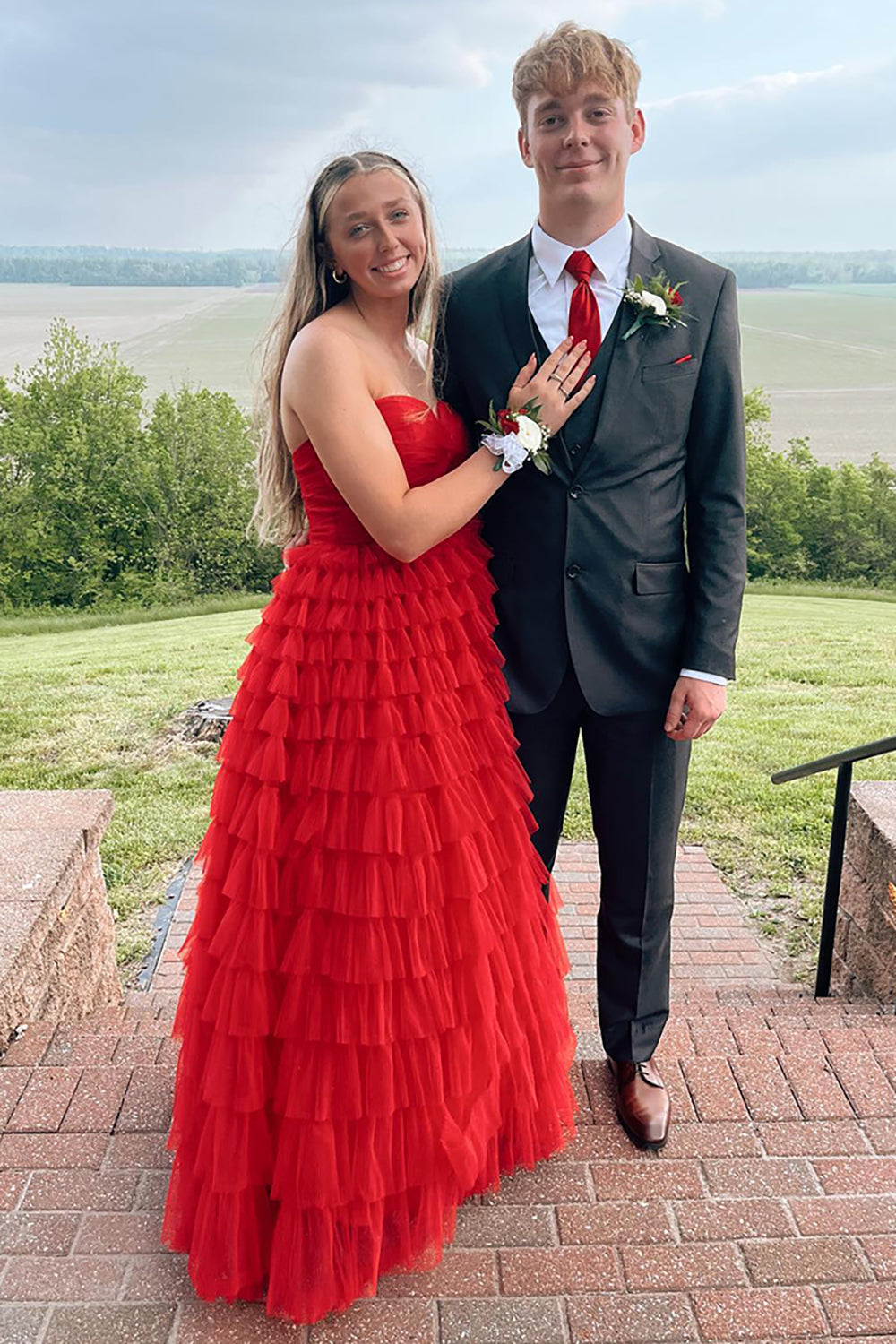 Long A-Line Prom Dress in Fuchsia with Sweetheart Neckline and Tiered Tulle