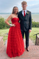 Long A-Line Prom Dress in Fuchsia with Sweetheart Neckline and Tiered Tulle