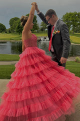 Long A-Line Corset Prom Dress in Pink with Tulle Tiered Skirt and Spaghetti Straps Featuring Appliques