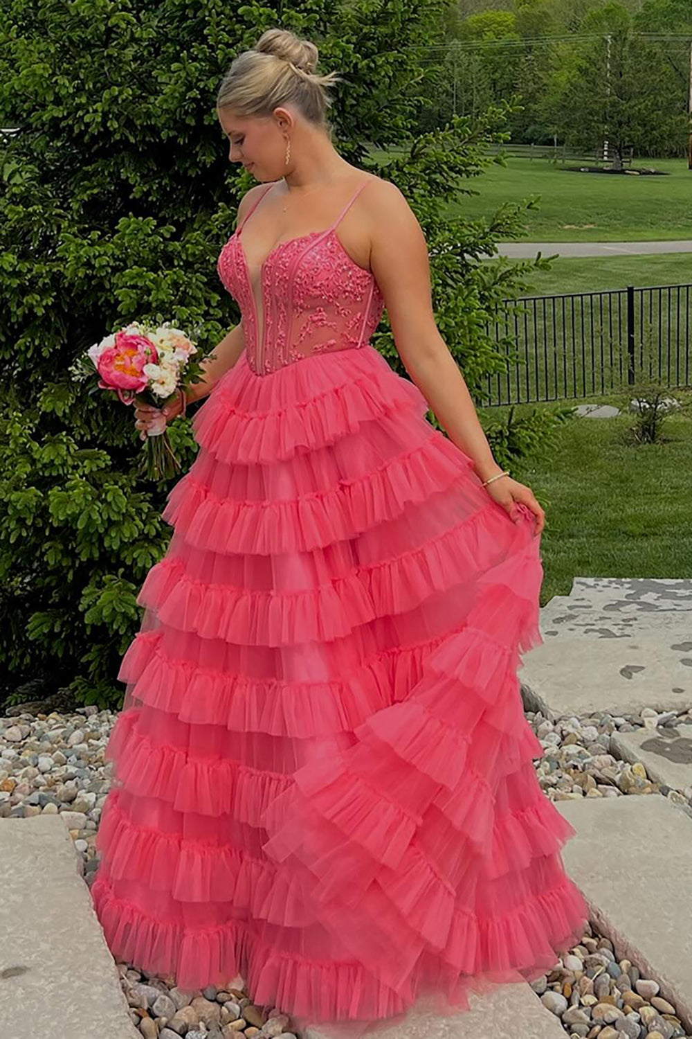 Long A-Line Corset Prom Dress in Pink with Tulle Tiered Skirt and Spaghetti Straps Featuring Appliques