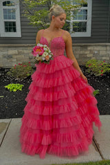 Long A-Line Corset Prom Dress in Pink with Tulle Tiered Skirt and Spaghetti Straps Featuring Appliques
