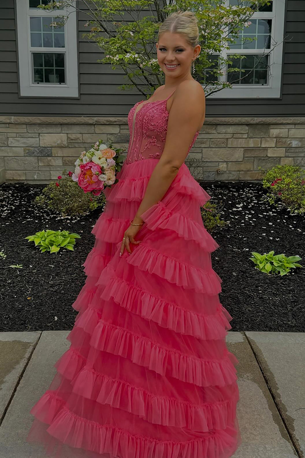 Long A-Line Corset Prom Dress in Pink with Tulle Tiered Skirt and Spaghetti Straps Featuring Appliques