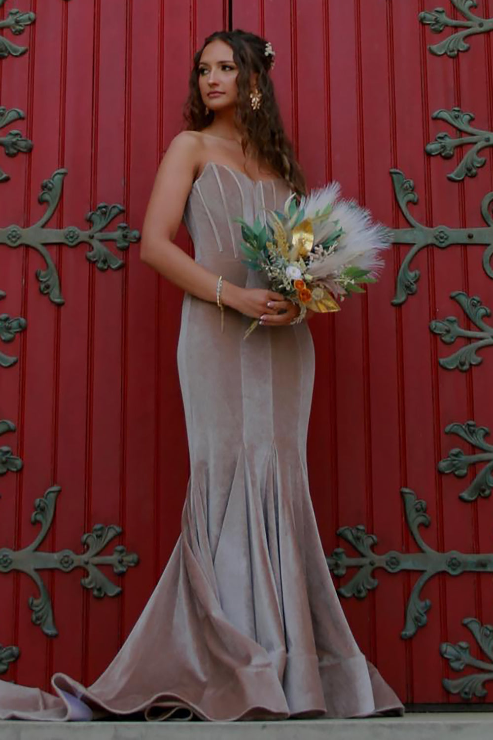 Long Velvet Mermaid Prom Dress in Champagne for Sweethearts