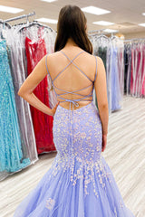 Long Prom Dress with Sparkly Lilac Spaghetti Straps and Mermaid Sequins Tulle Appliques