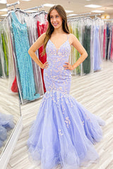 Long Prom Dress with Sparkly Lilac Spaghetti Straps and Mermaid Sequins Tulle Appliques