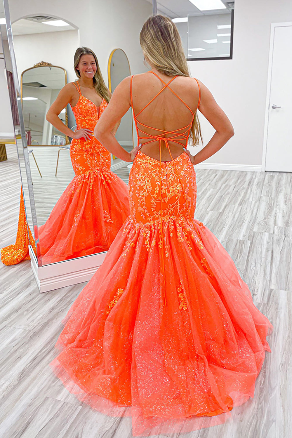 Long Prom Dress with Sparkly Lilac Spaghetti Straps and Mermaid Sequins Tulle Appliques