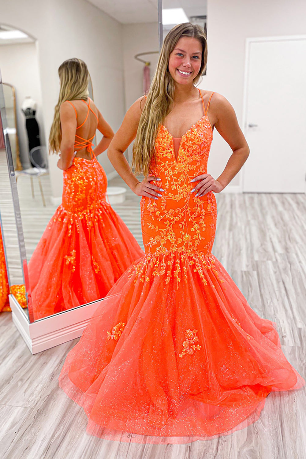 Long Prom Dress with Sparkly Lilac Spaghetti Straps and Mermaid Sequins Tulle Appliques