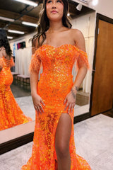 Long Orange Sparkly Mermaid Prom Dress with Feathers and Off-the-Shoulder Sequins