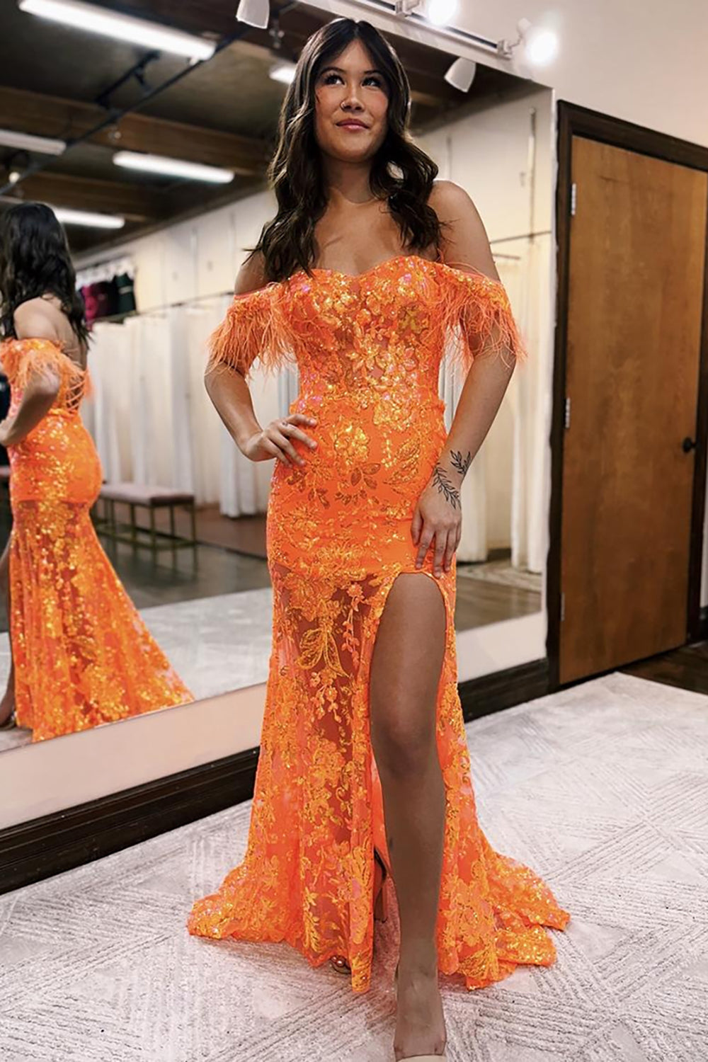 Long Orange Sparkly Mermaid Prom Dress with Feathers and Off-the-Shoulder Sequins
