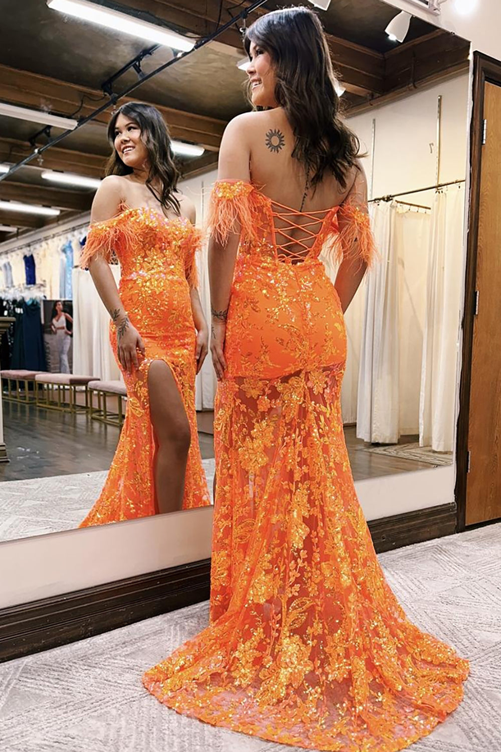 Long Orange Sparkly Mermaid Prom Dress with Feathers and Off-the-Shoulder Sequins