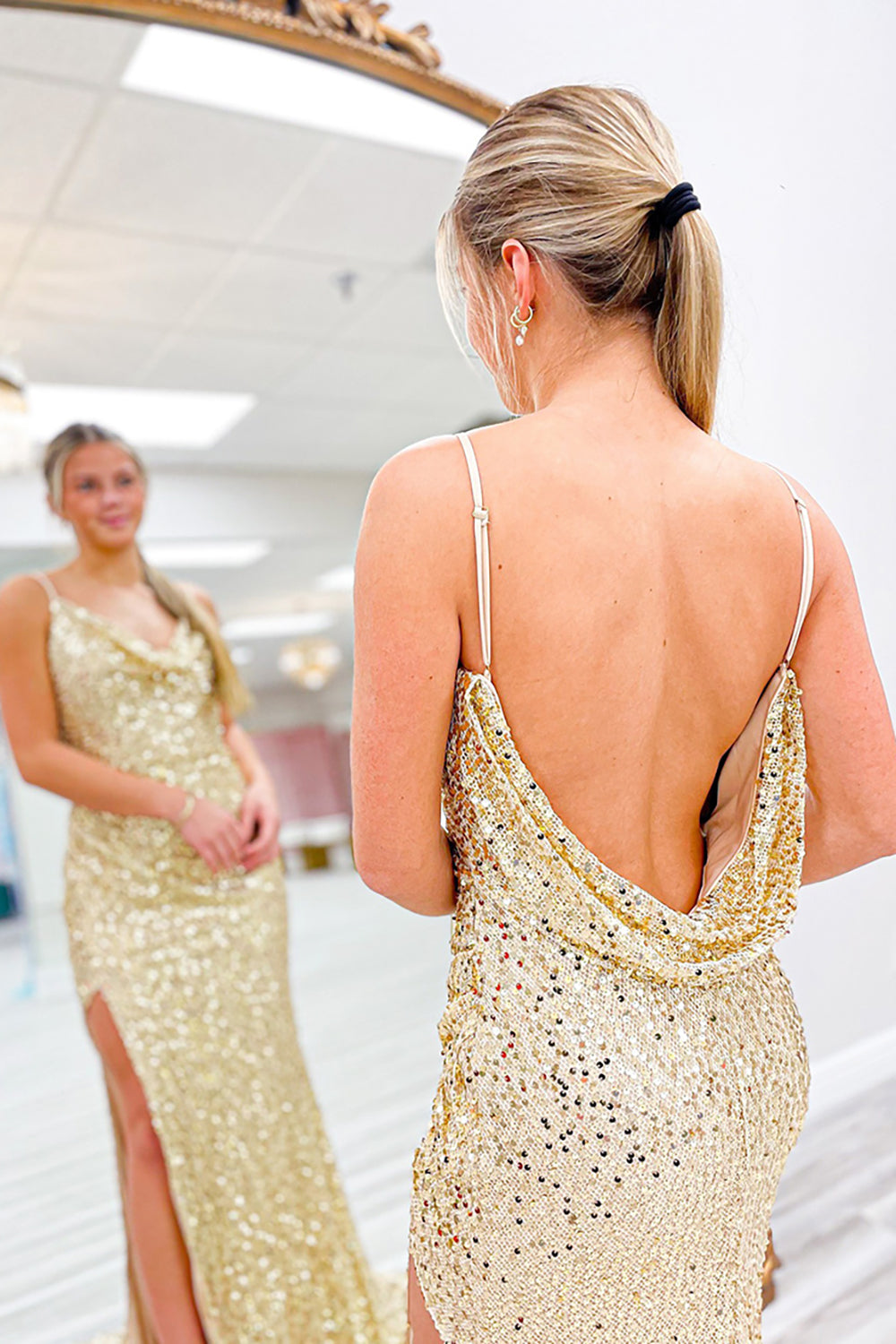 Long Mermaid Prom Dress with Sparkly Gold Sequin Spaghetti Straps and Open Back Slit