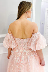 Sweetheart A-Line Corset Prom Dress in Blush with Puff Sleeves and Tulle Applique