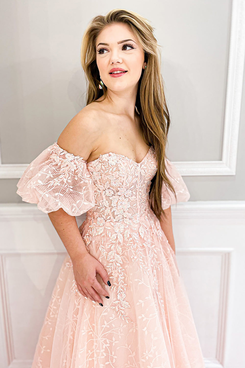 Sweetheart A-Line Corset Prom Dress in Blush with Puff Sleeves and Tulle Applique