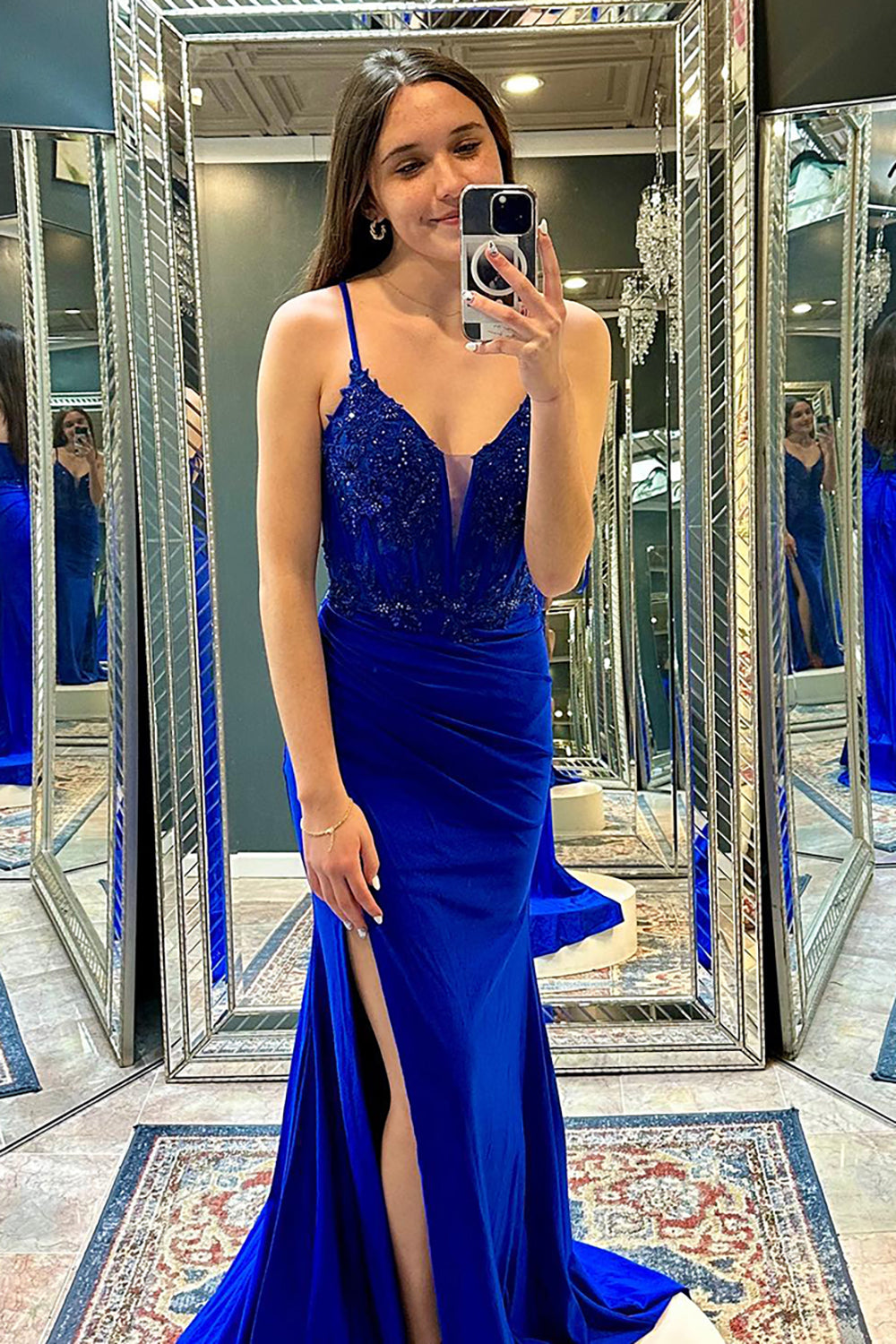 Long Royal Blue Mermaid Prom Dress with Spaghetti Straps and Appliques