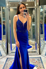 Long Royal Blue Mermaid Prom Dress with Spaghetti Straps and Appliques