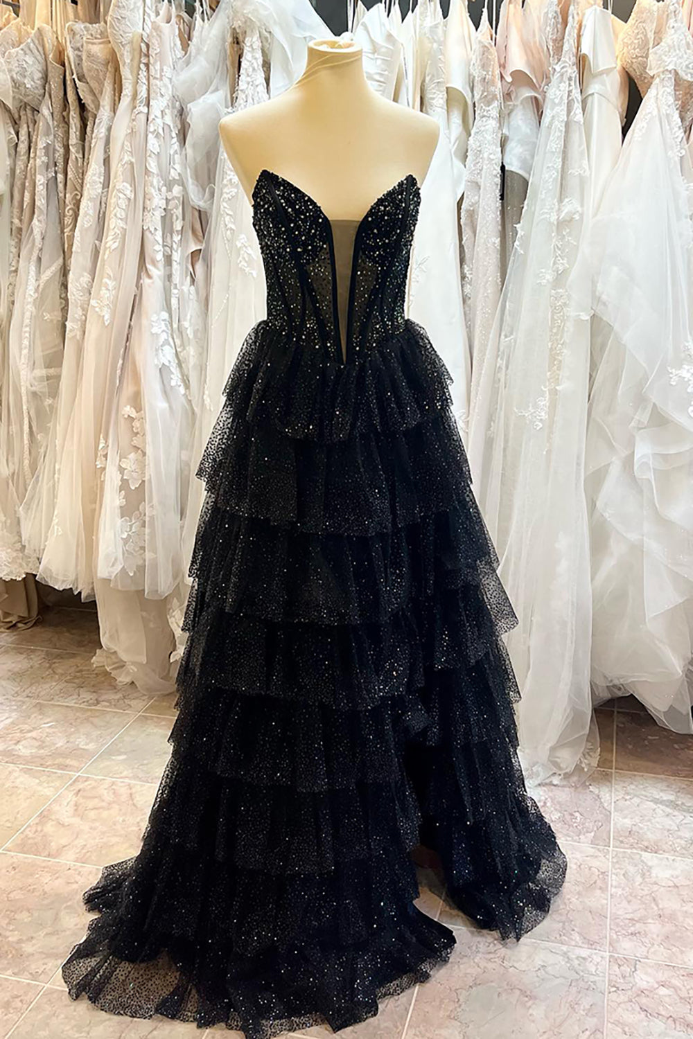 Long Black Corset Prom Dress with Sparkly Beading and Tiered Tulle Strapless Design