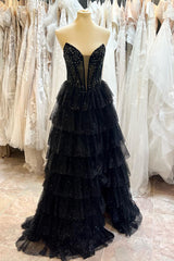 Long Black Corset Prom Dress with Sparkly Beading and Tiered Tulle Strapless Design