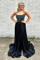 Elegant Black Strapless A-Line Pleated Long Corset Prom Dress Featuring Beading