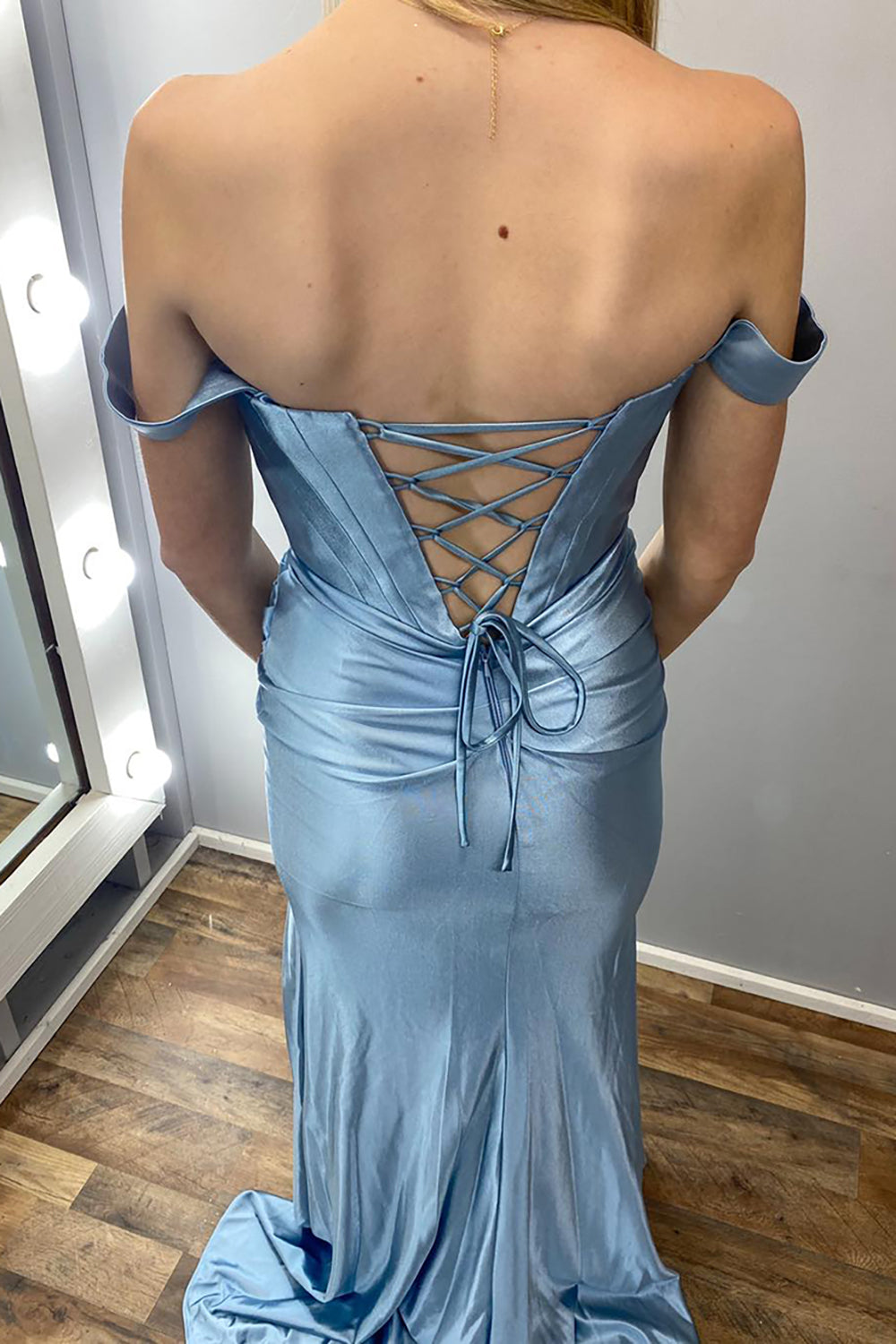 Long Off-the-Shoulder Mermaid Prom Dress in Elegant Grey Blue Satin