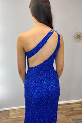 Royal Blue Sparkly Mermaid Gown with One Shoulder and Sequins