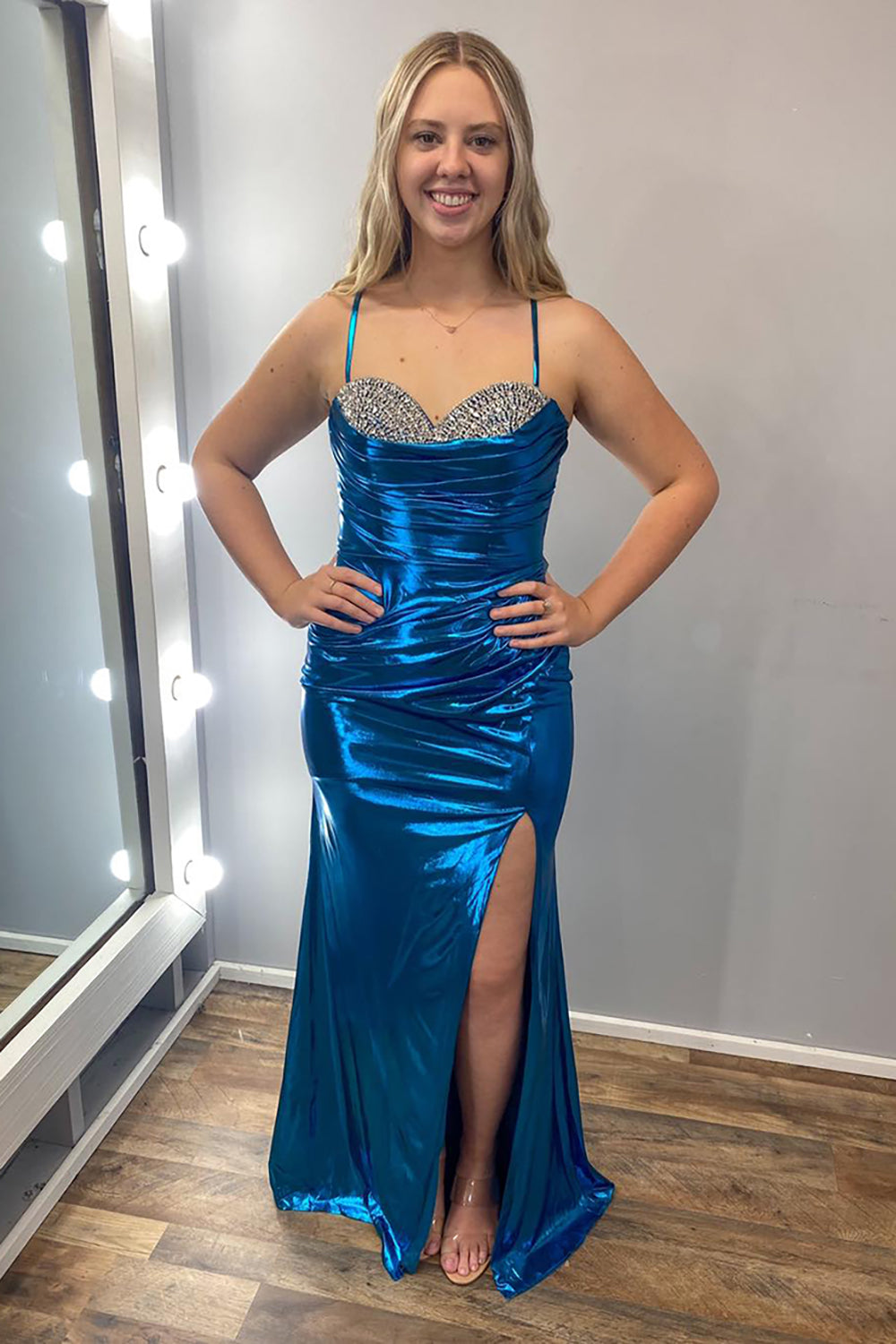 Long Turquoise Mermaid Prom Dress with Metallic Beading and Spaghetti Straps