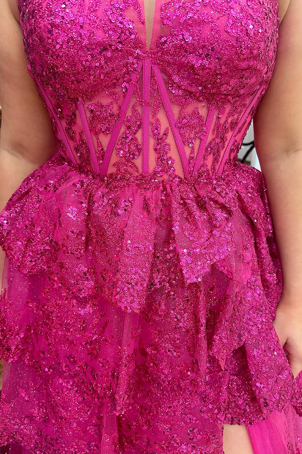 Long A-Line Royal Blue Sequined Prom Dress with Halter Neck Tiered Skirt and Slit